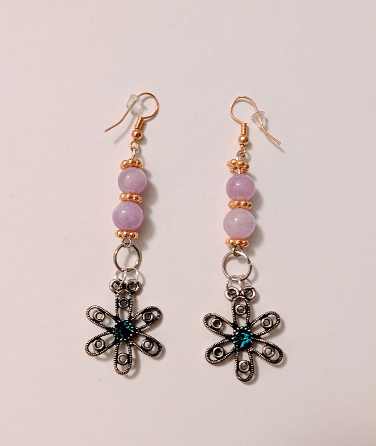 Handcrafted Earrings Lavender Amethyst with Filigree Flower Charms