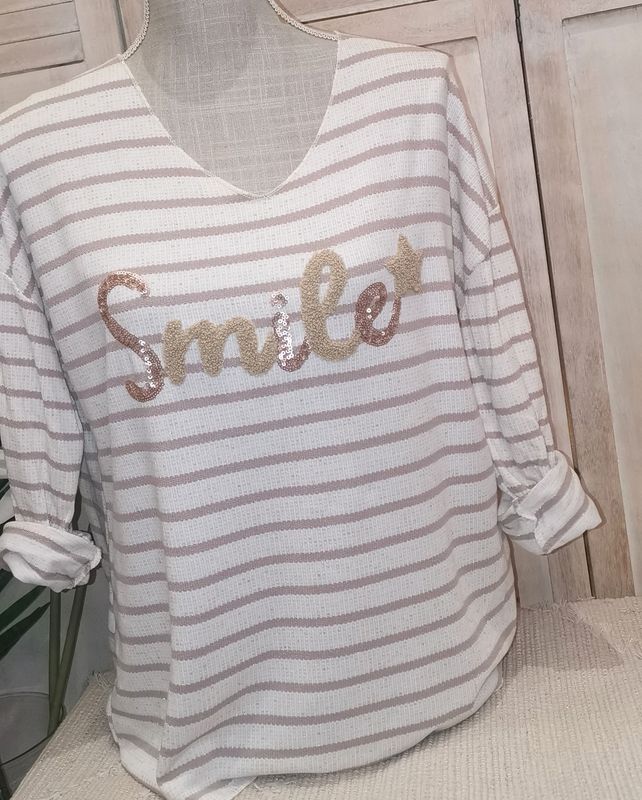 Pull fin &quot;SMILE&quot; à rayures beige et taupe