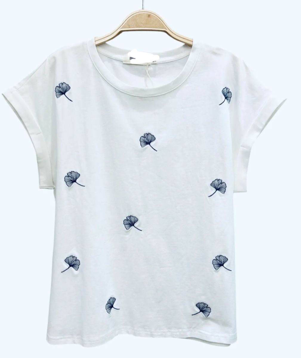 T-shirt blanc feuilles de genco bleues