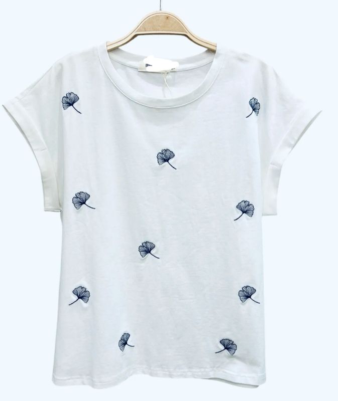 T-shirt blanc feuilles de genco bleues