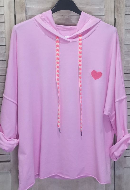 Sweat fin coeur à capuche rose