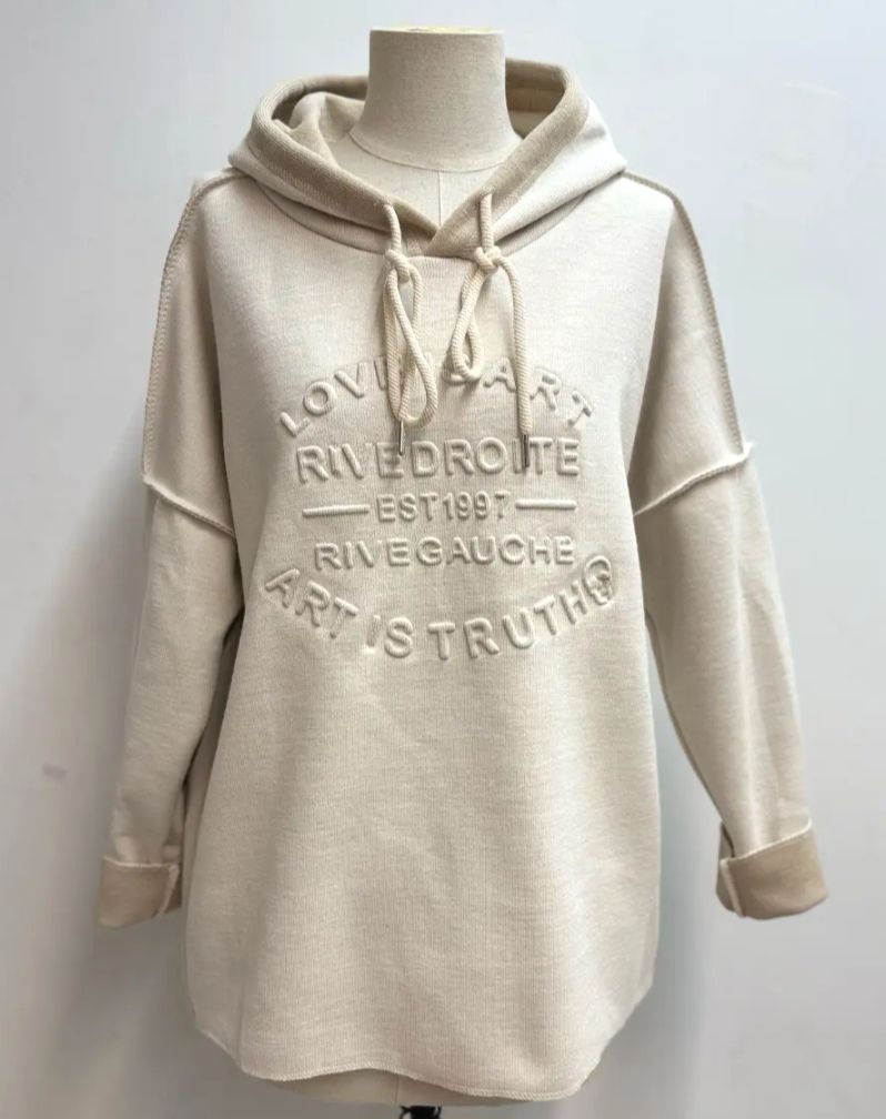 Sweat bicolore ecru et beige à capuche