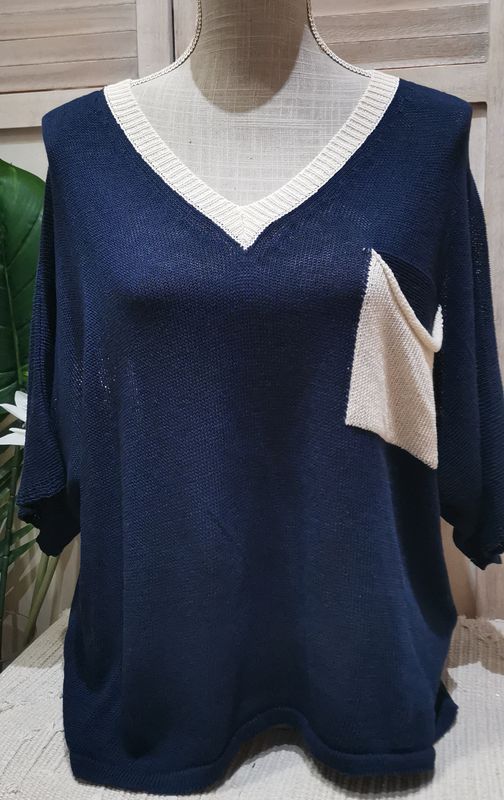 Pull bleu marine et beige