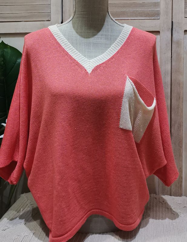 Pull corail et beige