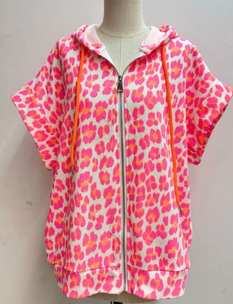 Gilet/Sweat à capuche léopard orange et rose