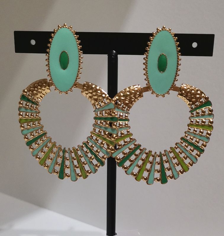 Boucles d&#39;oreilles en acier inoxydable, dorees, verte et turquoise