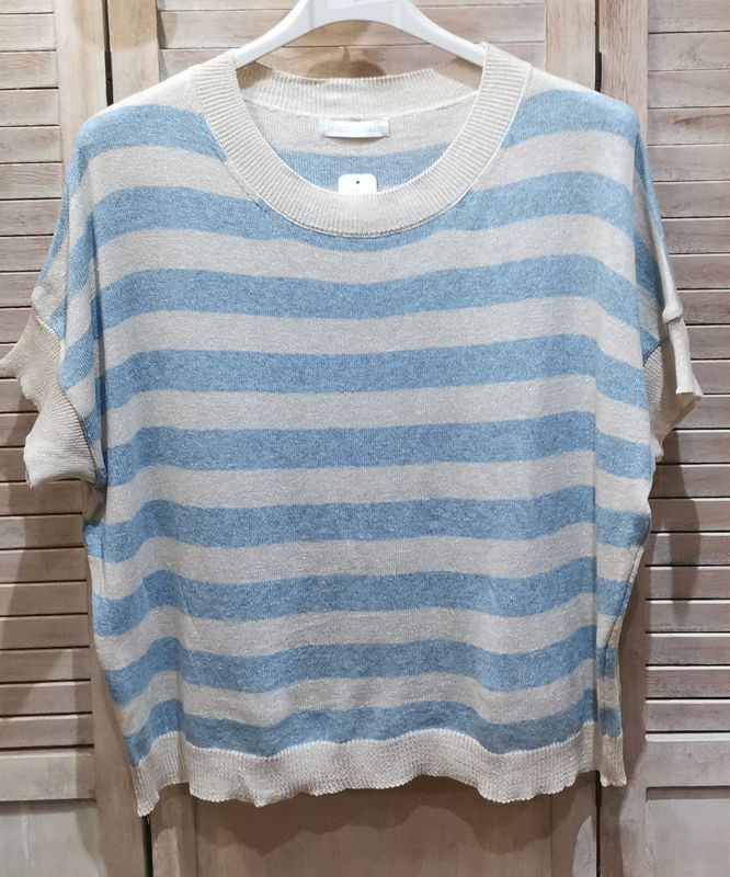 Pull à rayures beige et bleu