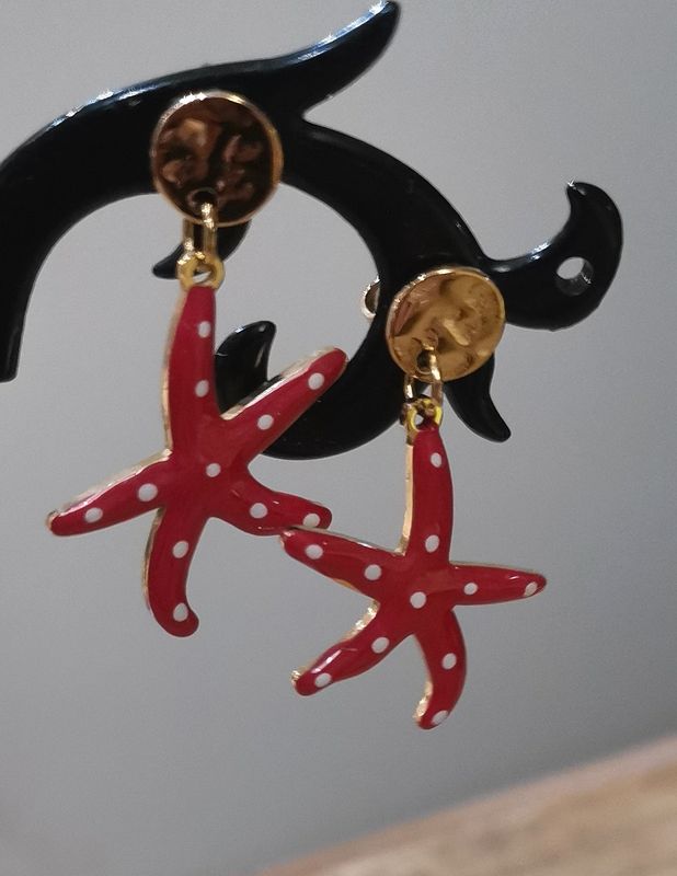 Petites Boucles d&#39;oreilles en acier inoxydable, en forme d&#39;étoile de mer rouge à  pois blancs