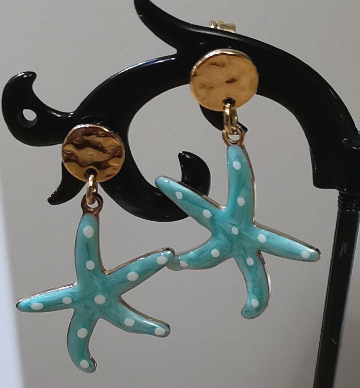 Petites Boucles d&#39;oreilles en acier inoxydable, en forme d&#39;étoile de mer ,turquoise à  pois blancs