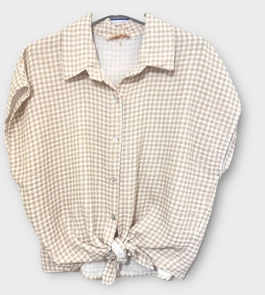 Top vichy beige en gaz de coton