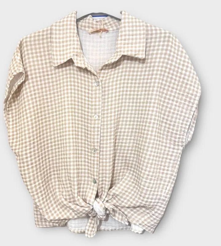 Top vichy beige en gaz de coton