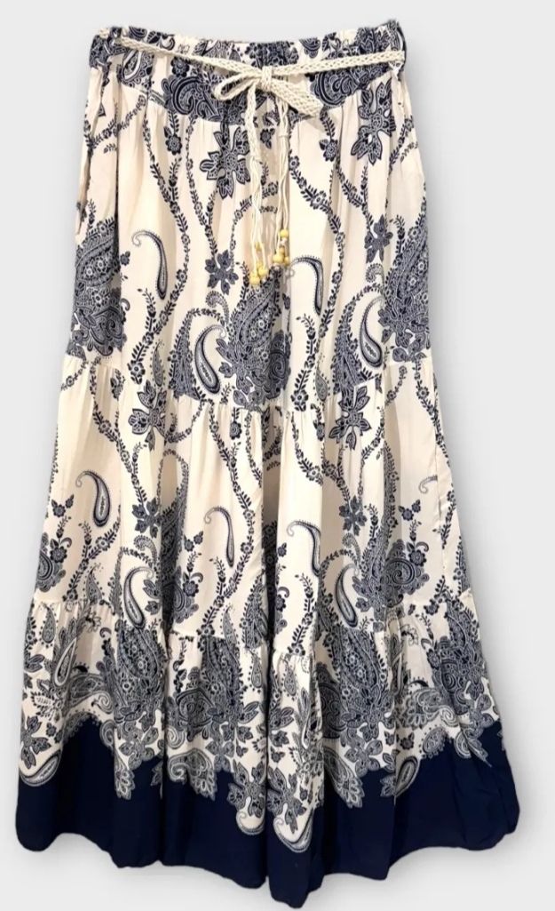 Jupe longue beige à  motifs bleus marine