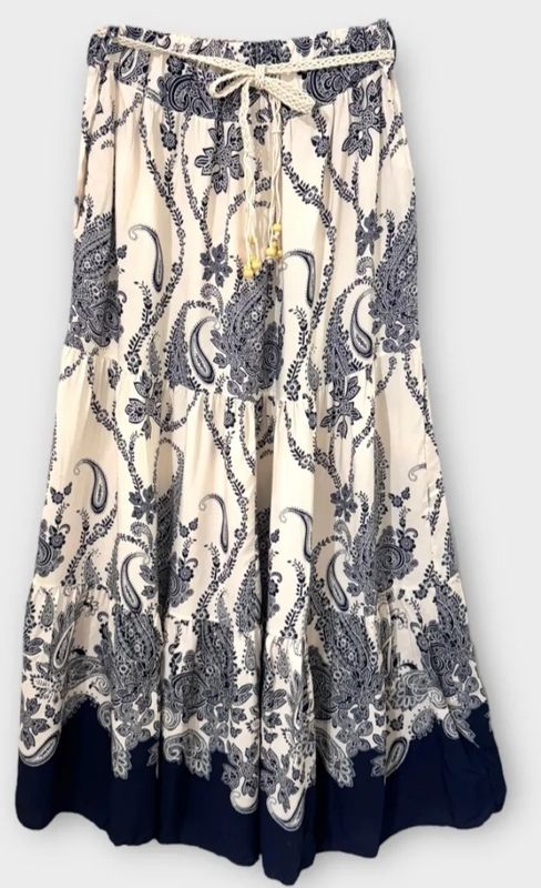 Jupe longue beige à  motifs bleus marine