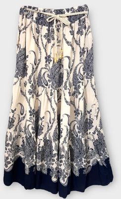 Jupe longue beige à  motifs bleus marine