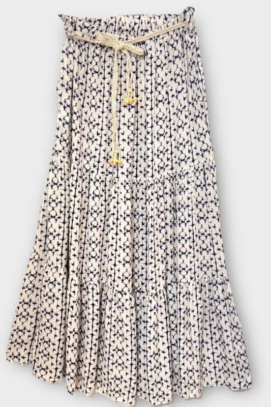 Jupe longue beige à  motifs bleus marine