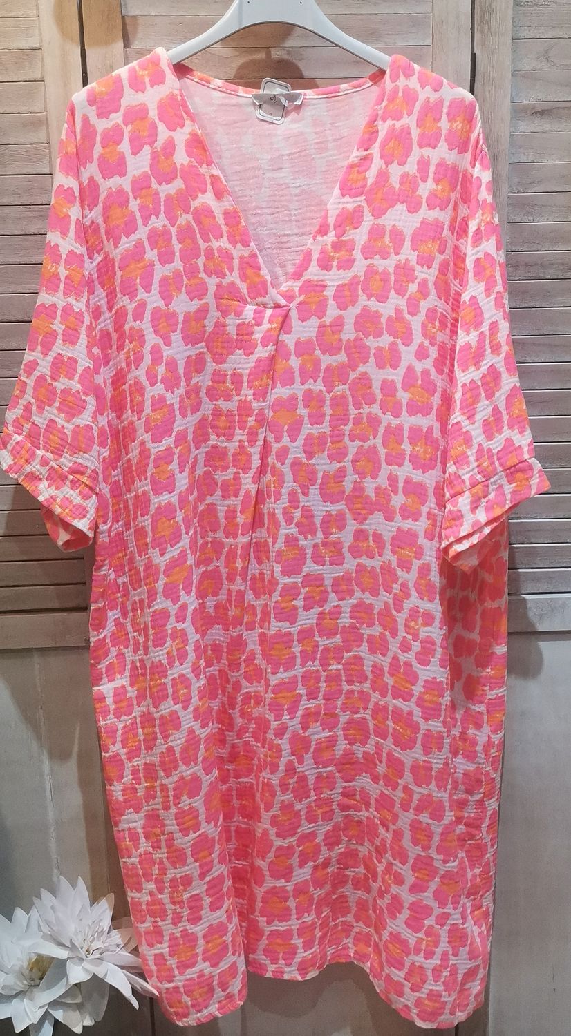 Robe blanche léopard fuschia et orange en gaze de coton