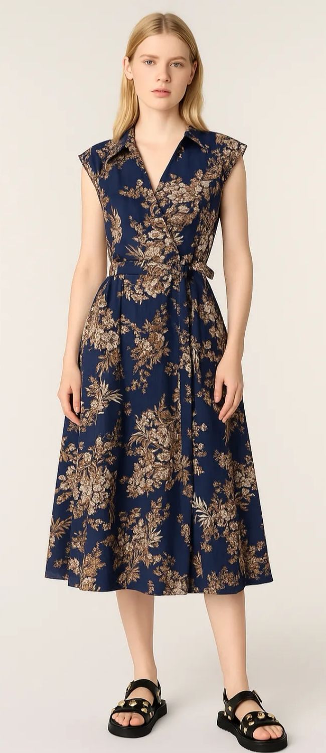 Robe portefeuille ,bleue marine avec des fleurs