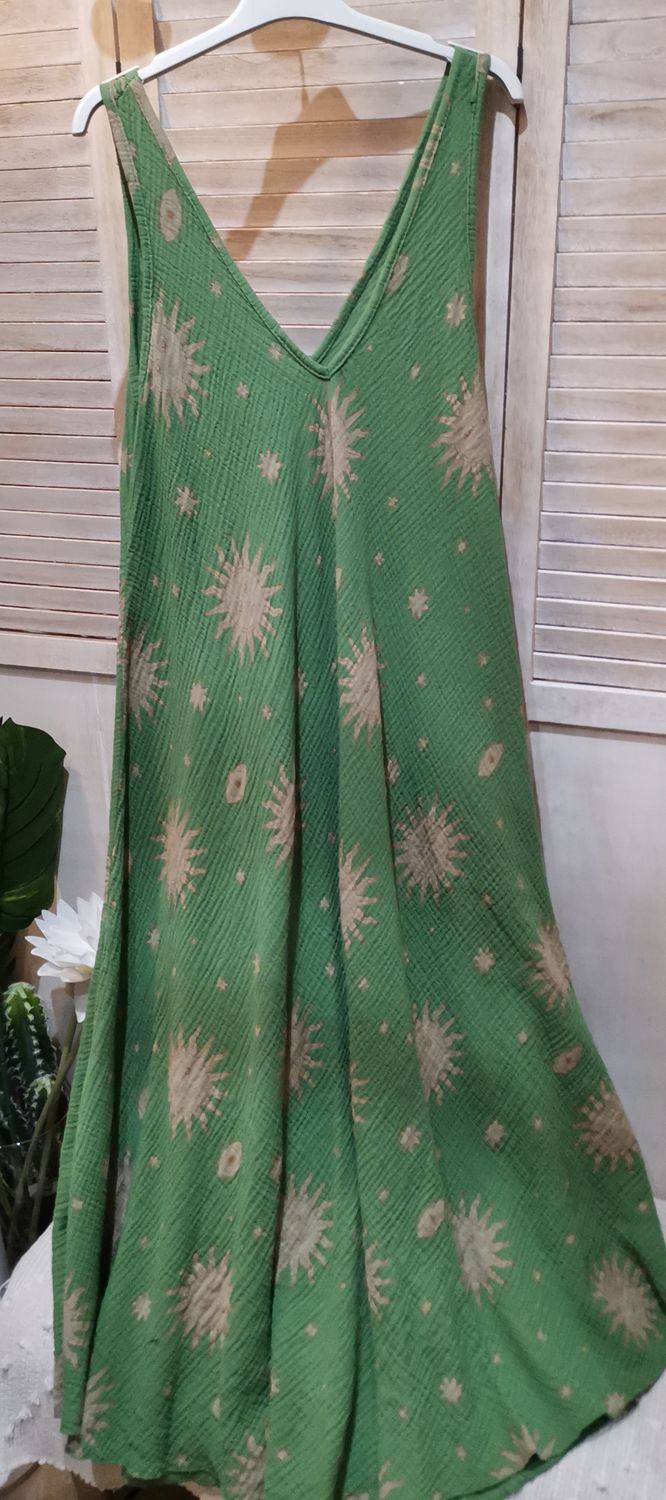 Robe longue en gaze de coton verte Soleil