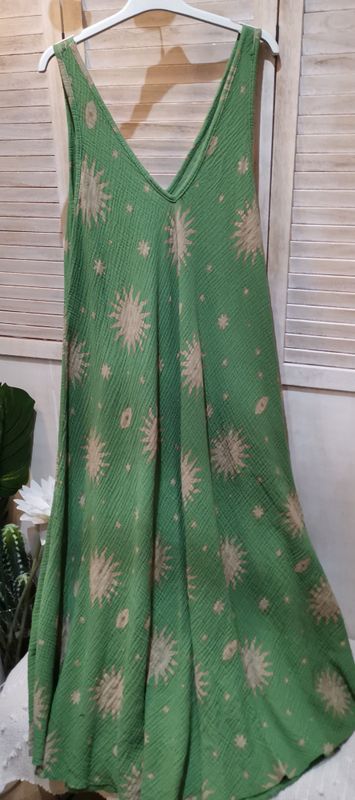 Robe longue en gaze de coton verte Soleil