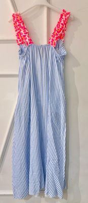 Robe à rayures bleues et blanches avec son palmier fuschia