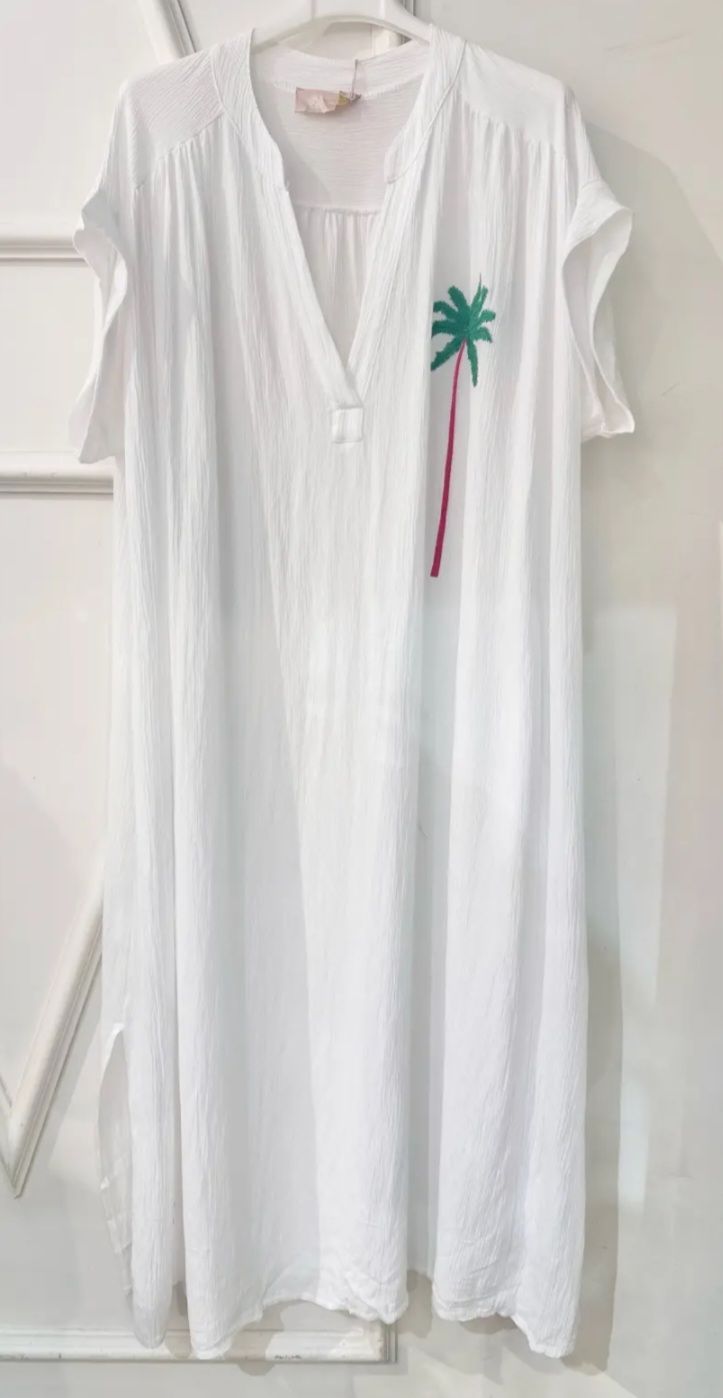 Robe longue blanche avec son palmier  vert