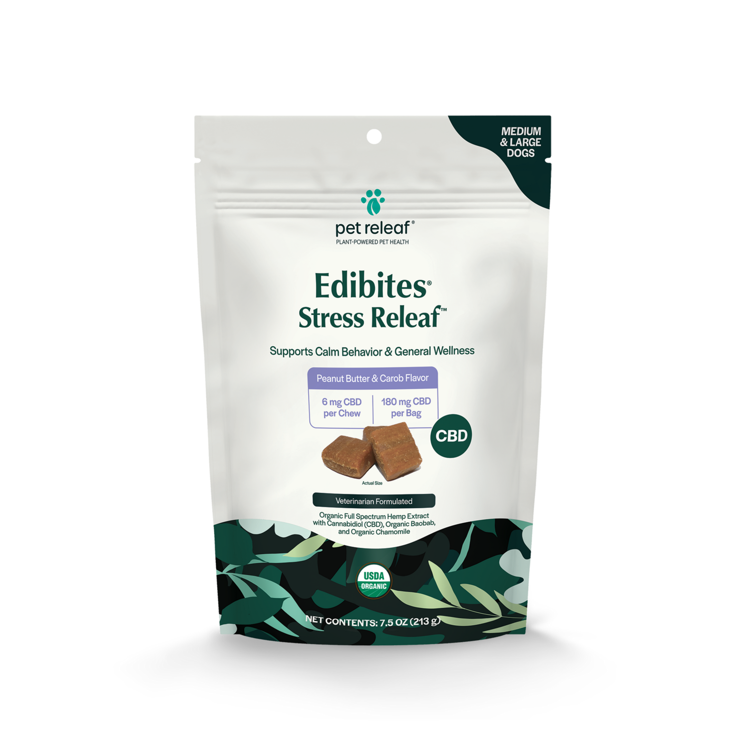 Pet Releaf Edibites - Stress Releaf, Flavor: Peanut Butter &amp; Carob, Size: Medium/Large Dogs, 7.5oz