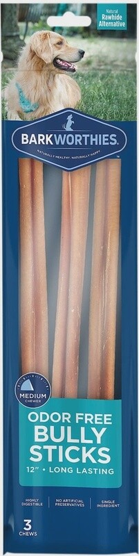 Barkworthies Bully Stick, Odor Free - 12", 3pk