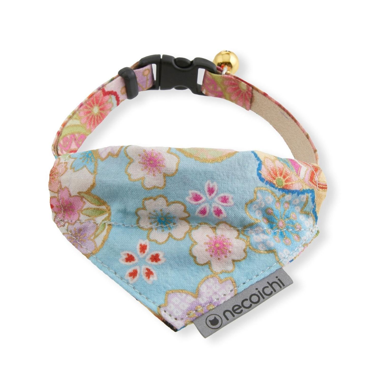 Necoichi Bandana Cat Collar With Air Tag Pocket, Color: Blossoms Baby Blue