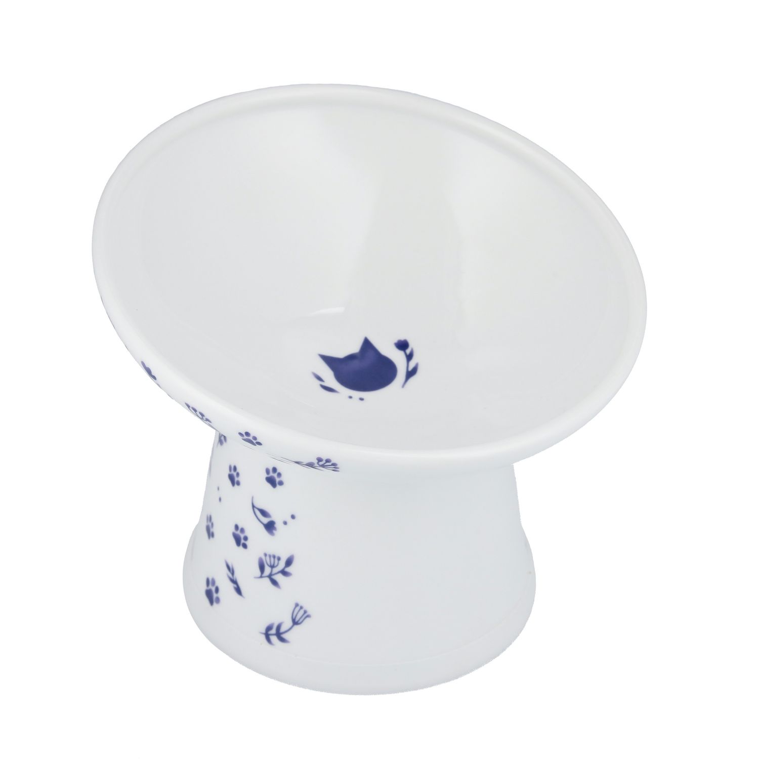 Necoichi Tilted Stress Free Raised Cat Food Bowl, Color: Nordic Blue Print