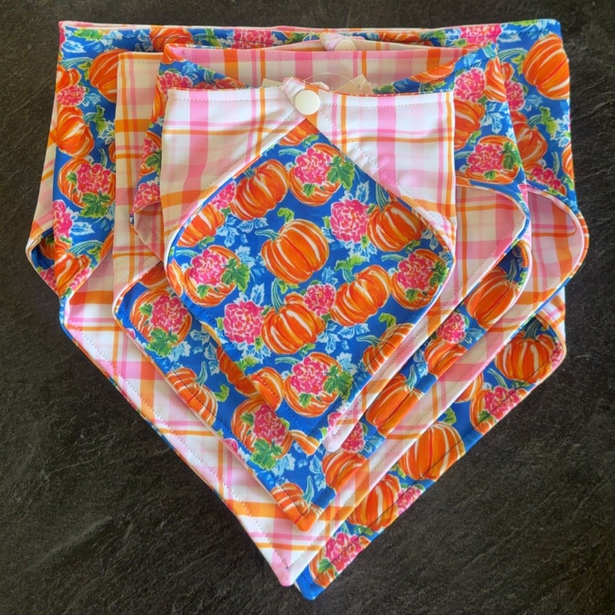 Brit + Bear Halloween Bandanna 2026, Pattern: Pink Plaid &amp; Pumpkins, Size: XS