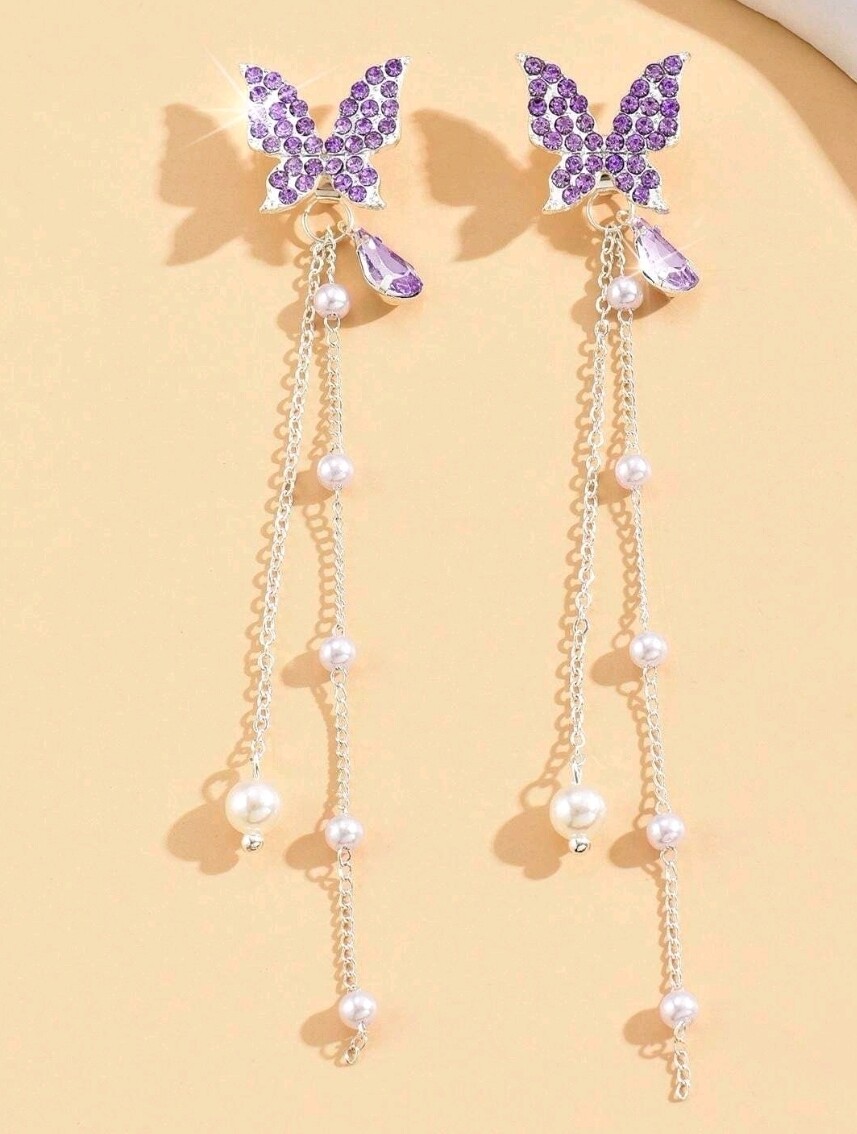 Purple rhinestone butterfly earrings