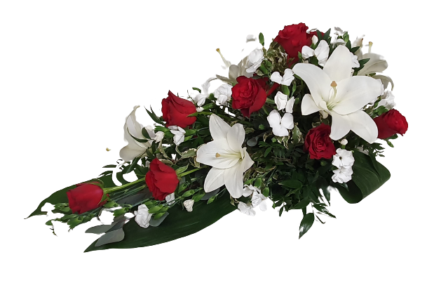 Båredekorasjon med bånd i dagens røde og hvite blomster