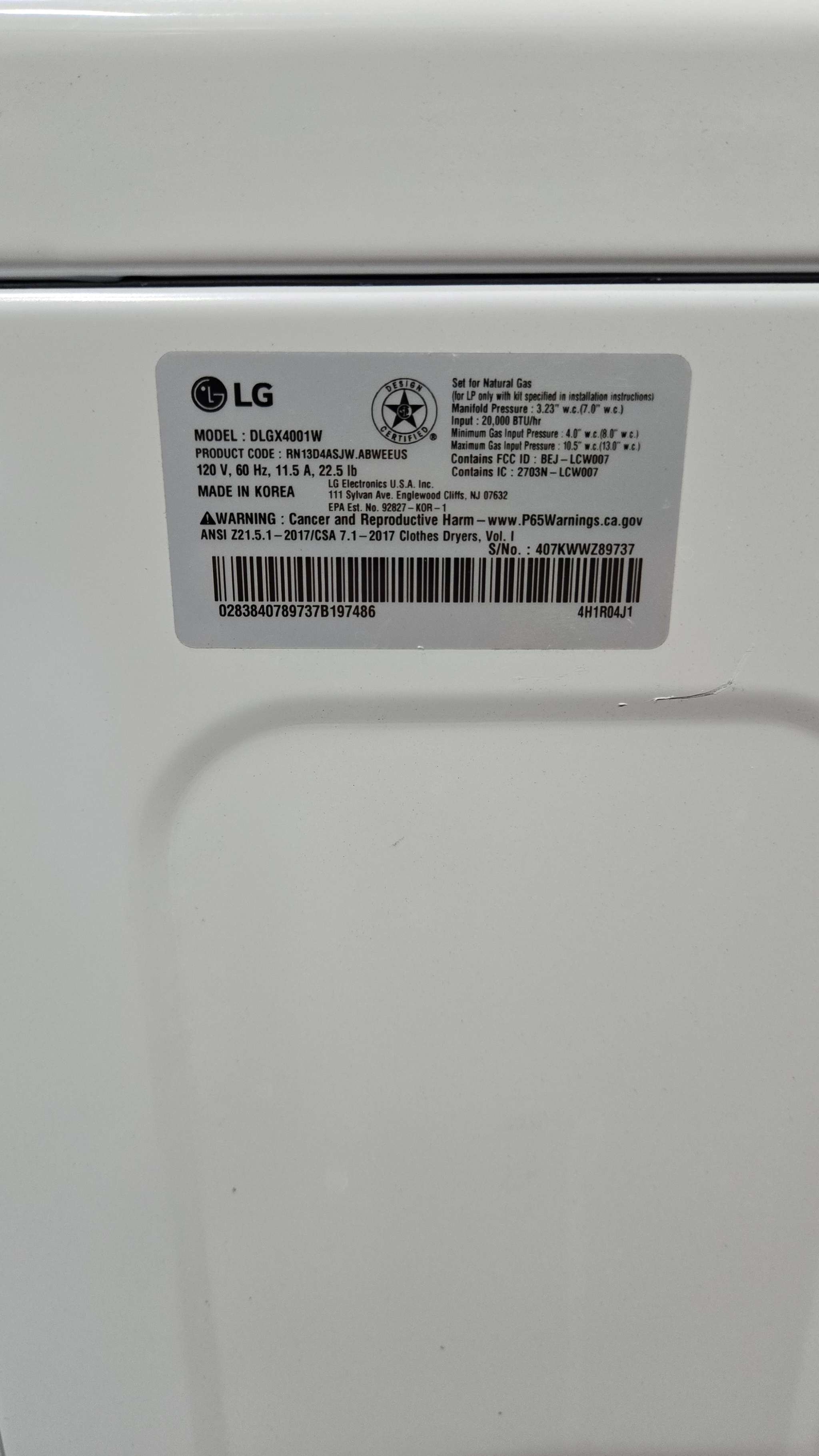 1117 LG ThinQ White Front Load Gas Dryer