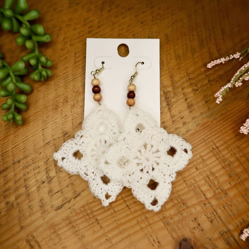 White Snowflake Earrings with Wood Beads