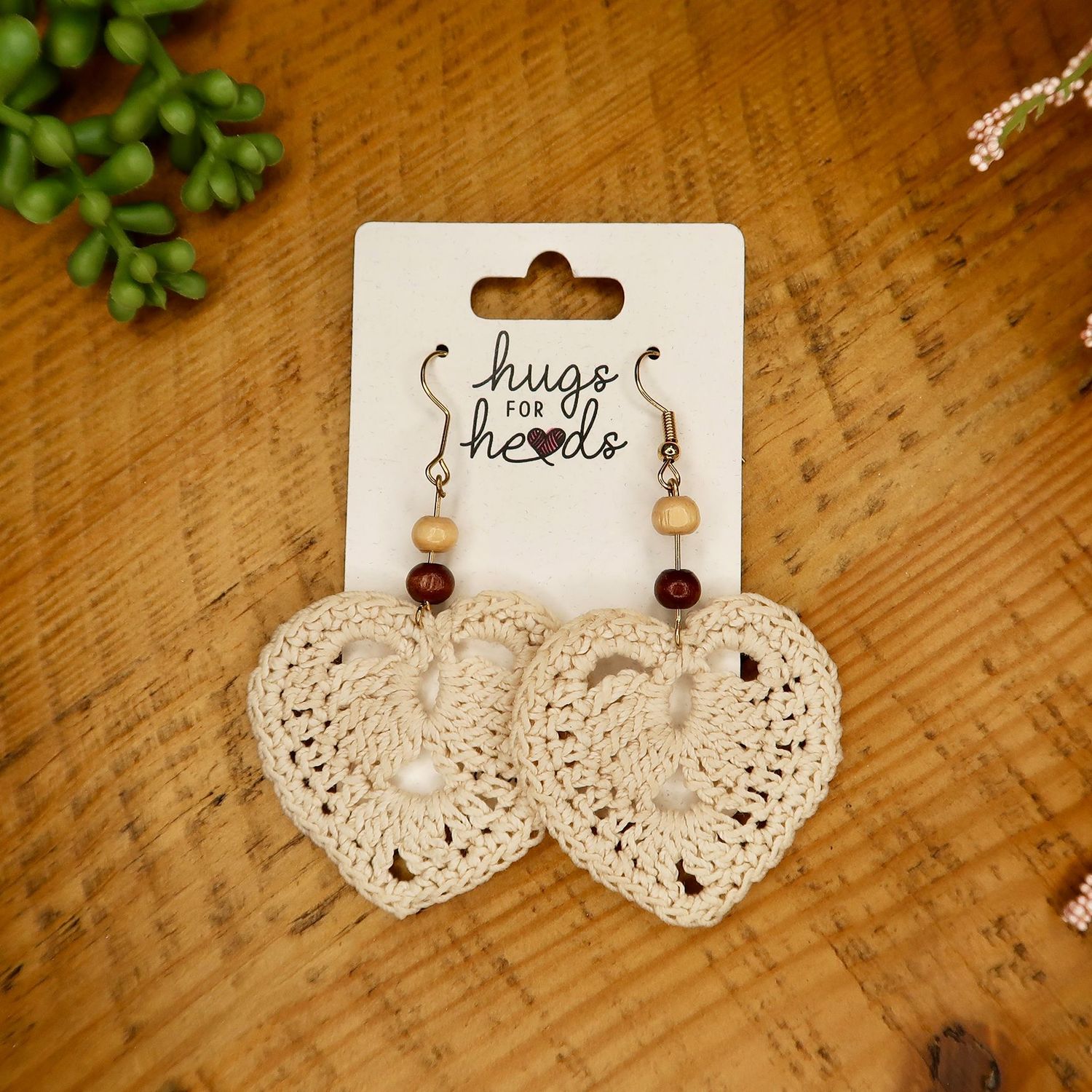 Heart Shaped Natural Earrings w/ Wood Beads
