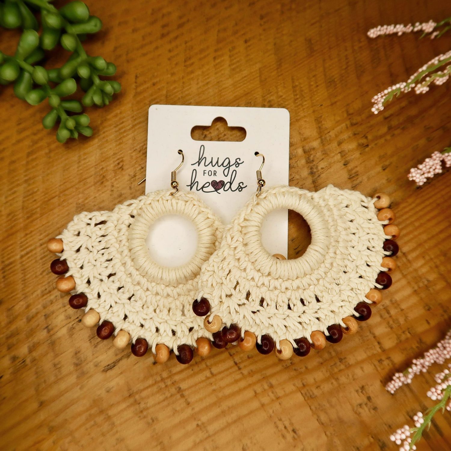 Natural Shell Shaped Earrings w/ Wood Beads