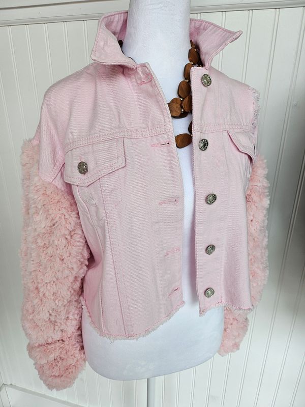 Pink Denim Jacket w/ Faux Fur Sleeves