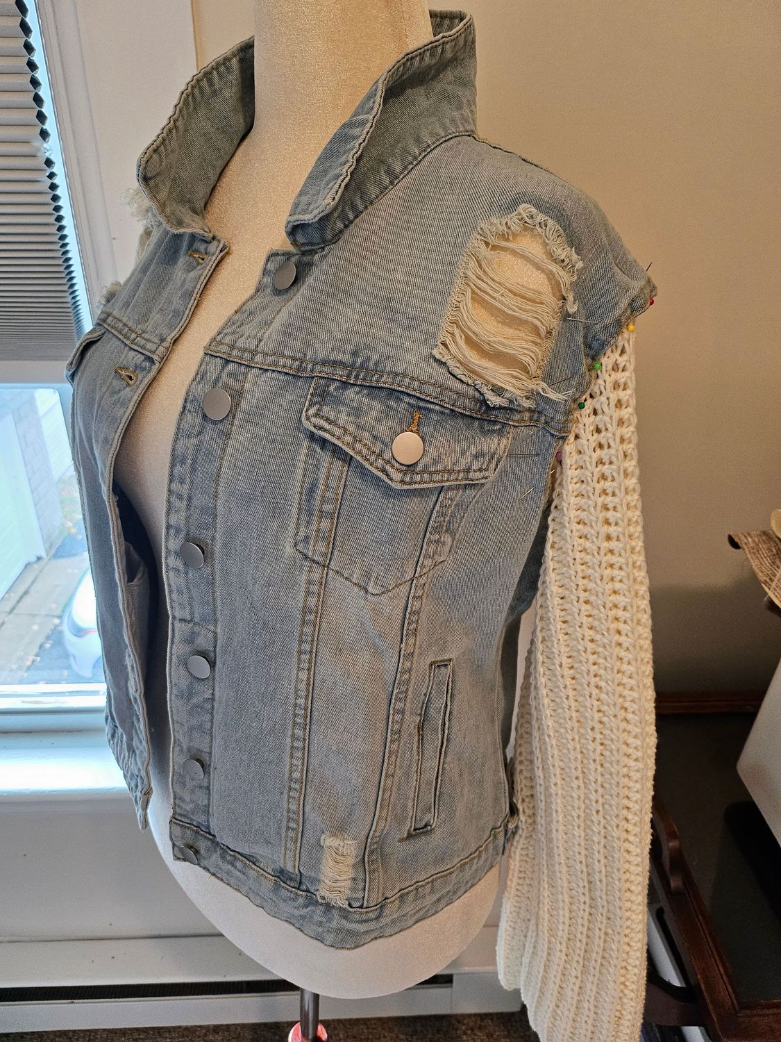 Light Denim Jacket w/ Faux Fur Sleeves