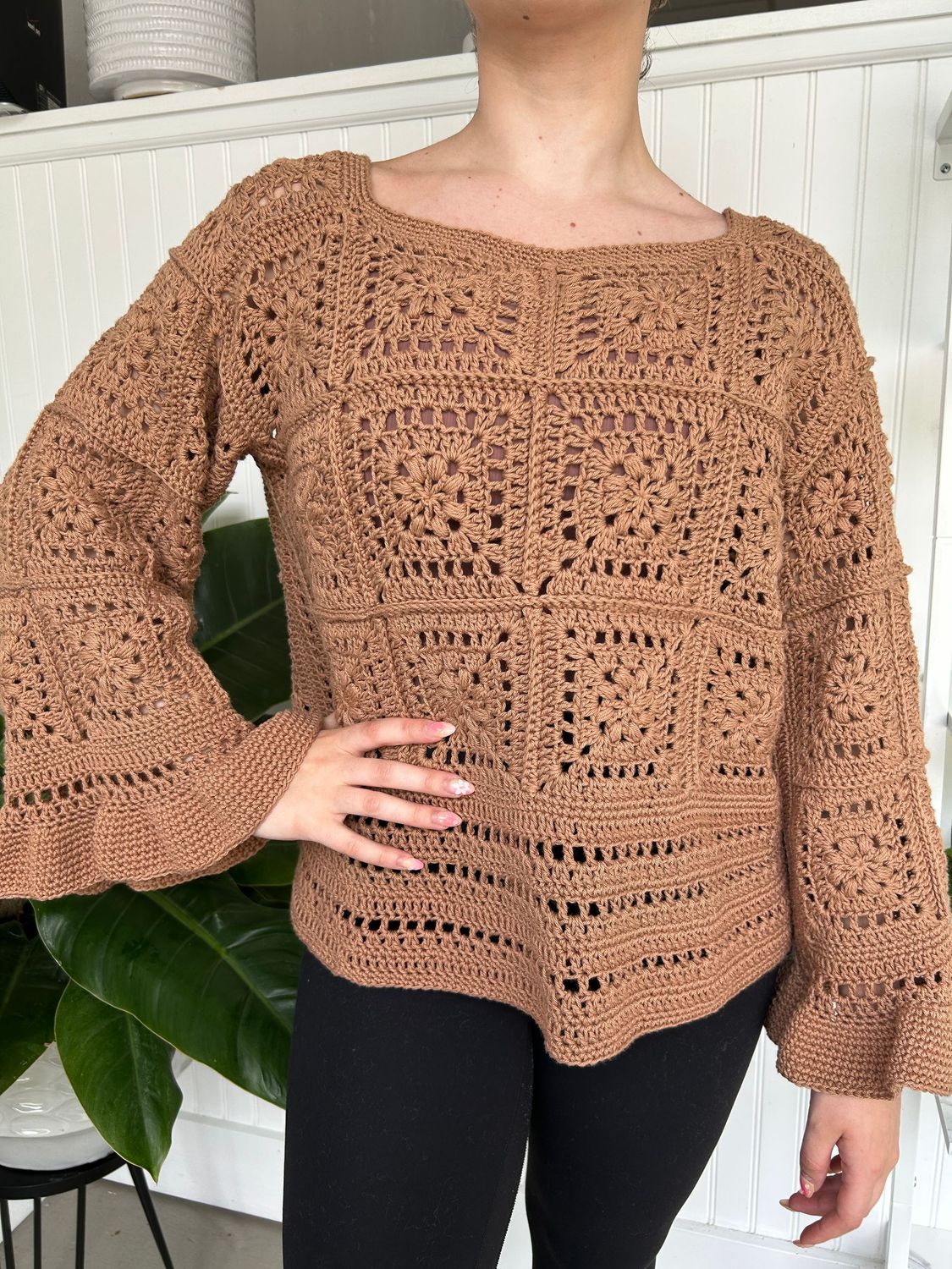 Handmade Crochet Brown Granny Square Top with Ruffled Sleeves – Boho Chic Cotton Blouse