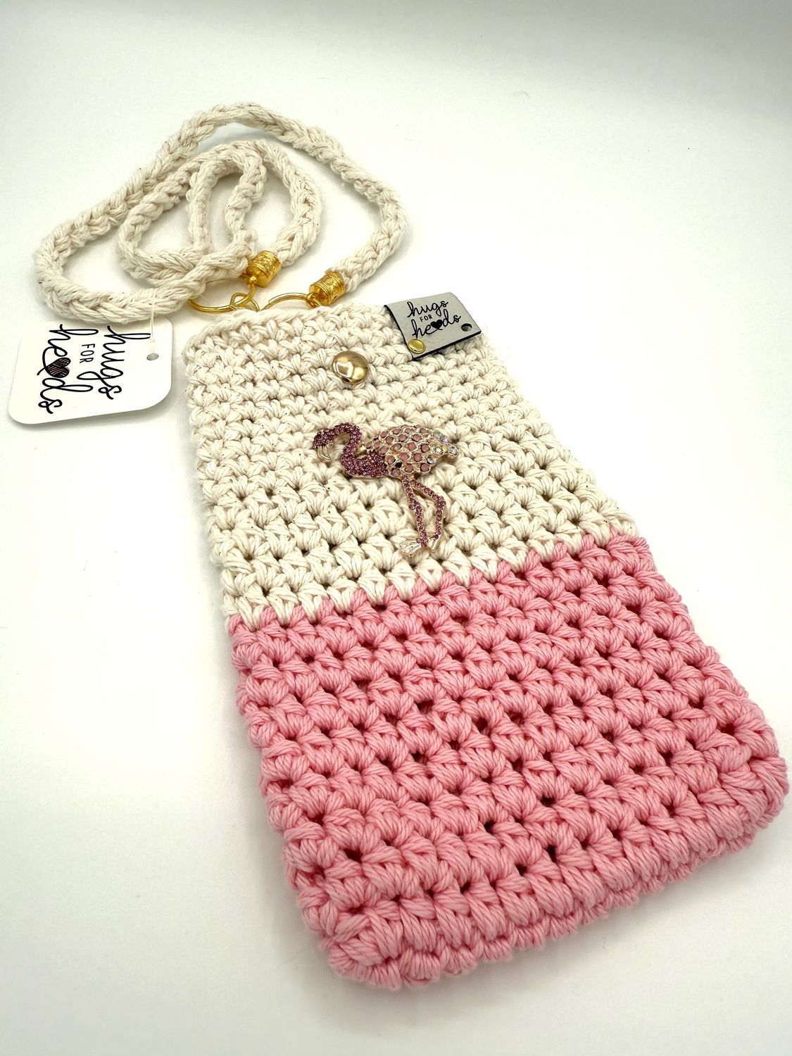 Handmade Crochet Crossbody Cell Phone Sak – Flamingo Edition