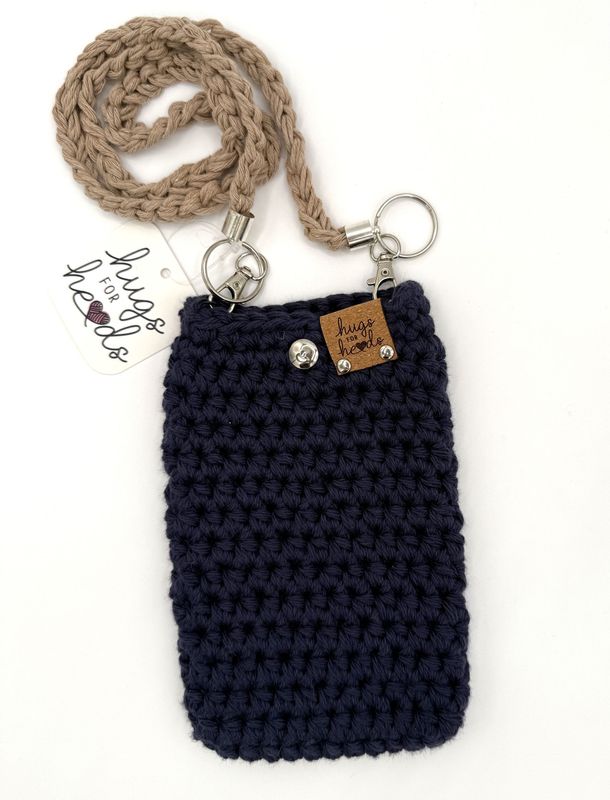 Handmade Crochet Crossbody Cell Phone Sak - Navy and Tan
