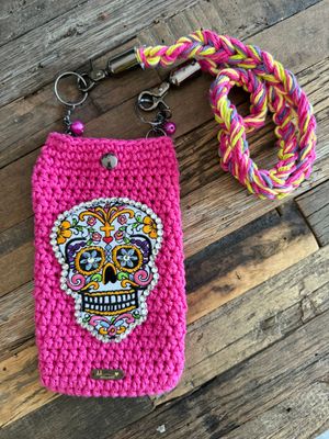 Vibrant Crochet Cell Phone Pouch with Sugar Skull Embellishment