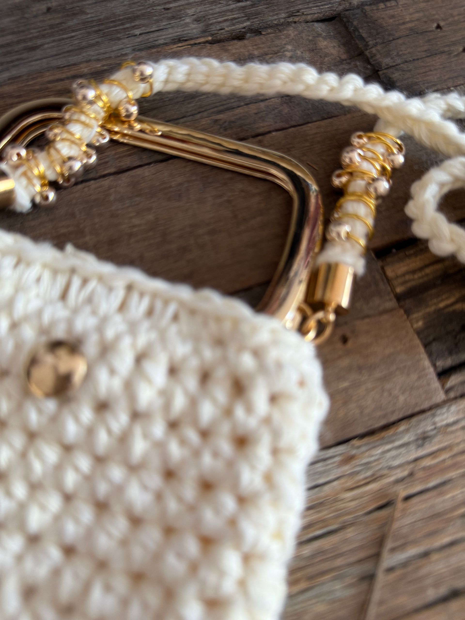 ✨ Classic Cream Crochet Cell Phone Crossbody with Gold Hardware
