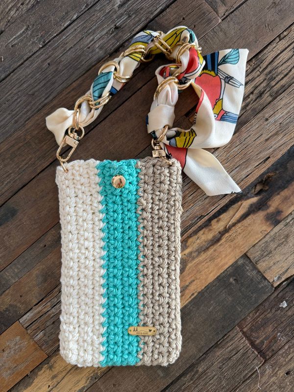 ? Chic Stripes & Silk: Hand-Crocheted Cell Phone Bag with Designer Scarf Strap ? Chic Stripes & Silk: Hand-Crocheted Cell Phone Bag with Designer Scarf Strap