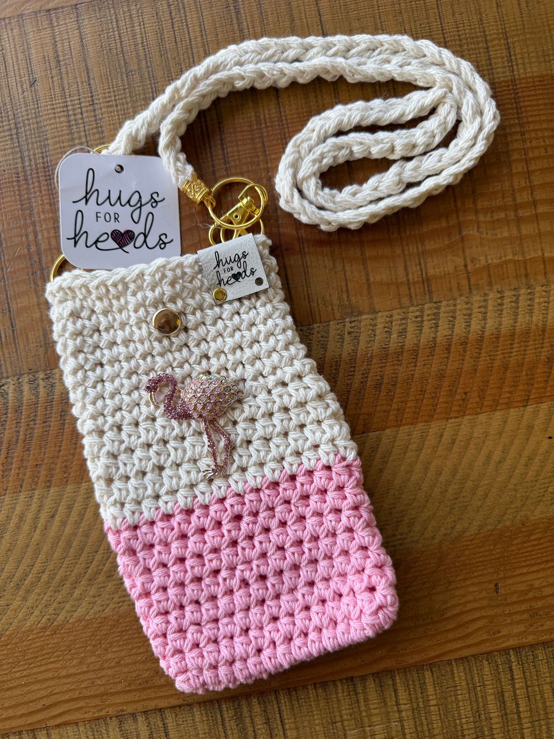 Handmade Crochet Crossbody Cell Phone Sak – Flamingo Edition Handmade Crochet Crossbody Cell Phone Sak – Flamingo Edition