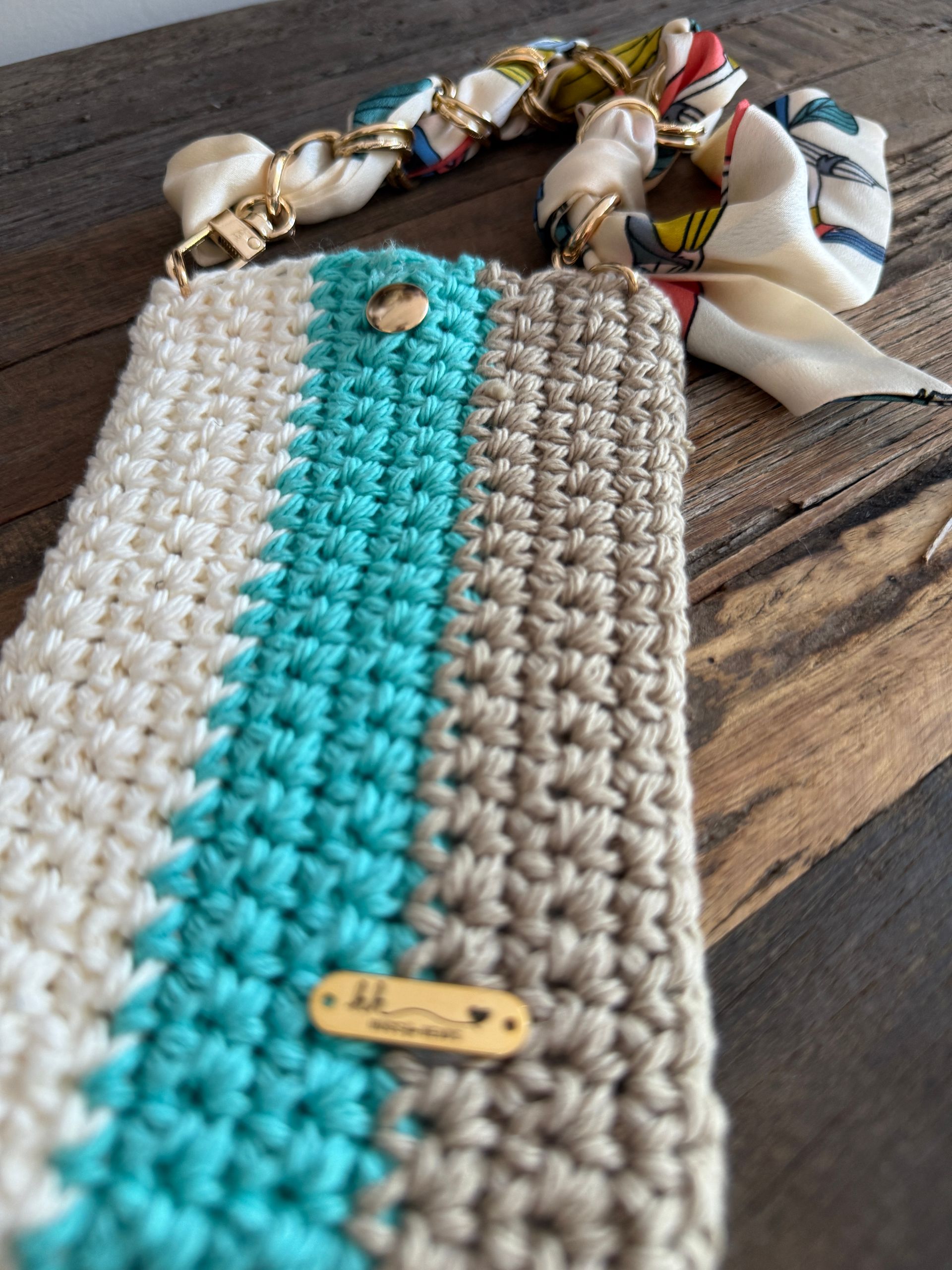 ? Chic Stripes & Silk: Hand-Crocheted Cell Phone Bag with Designer Scarf Strap