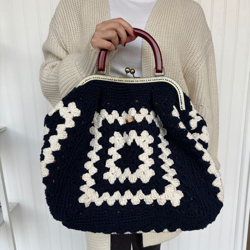 Handmade Crochet Statement Tote with Kiss-Lock Frame Handmade Crochet Statement Tote with Kiss-Lock Frame