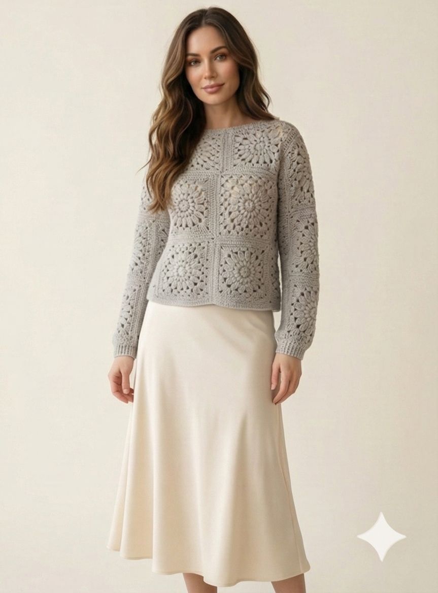 Handmade Grey Floral Motif Crochet Sweater