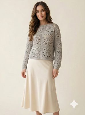 Handmade Grey Floral Motif Crochet Sweater