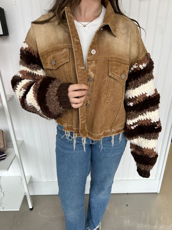 Custom Denim Jacket with Handmade Crochet Sleeves Custom Denim Jacket with Handmade Crochet Sleeves